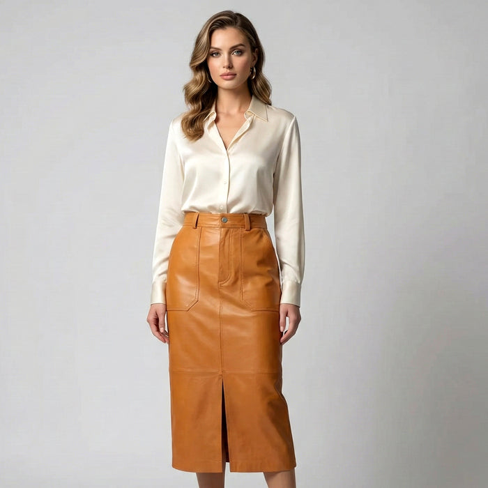 Leather Skirt Ladies Cognac